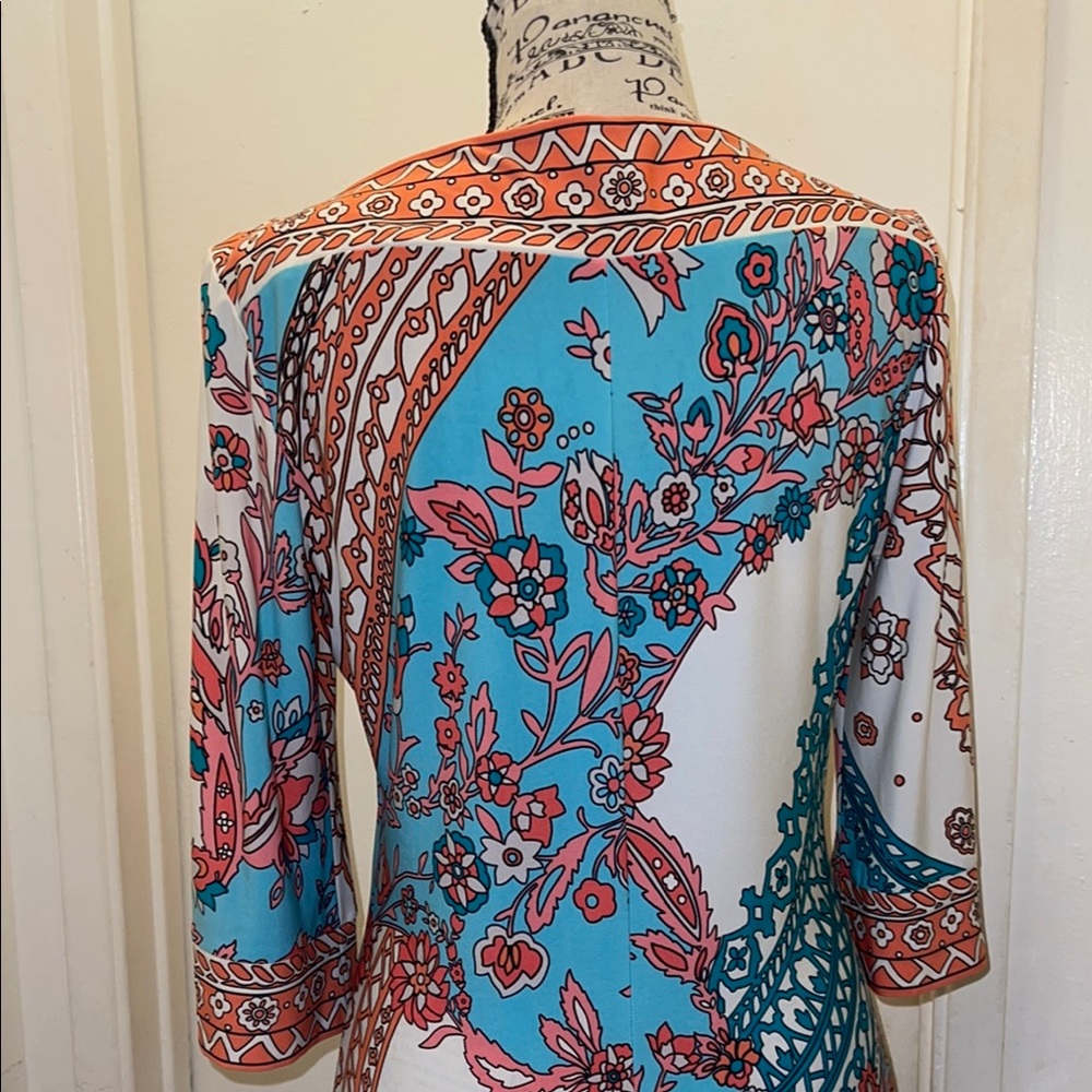 Donna Morgan Abstract Floral Print Pastel Blue Red Sheath Dress - Picture 4 of 5